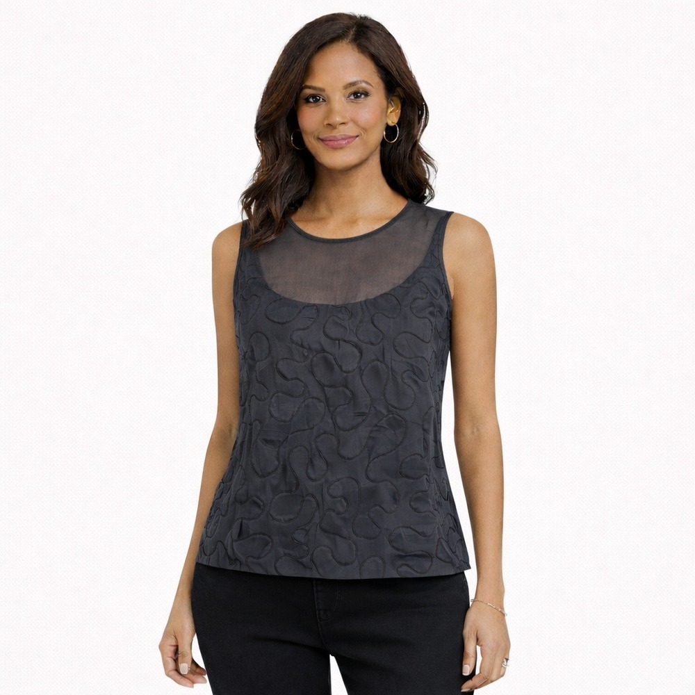 Behnaz Sarafpour Size 8 Black‎ Silk Sheer Neckline Textured Tank Top